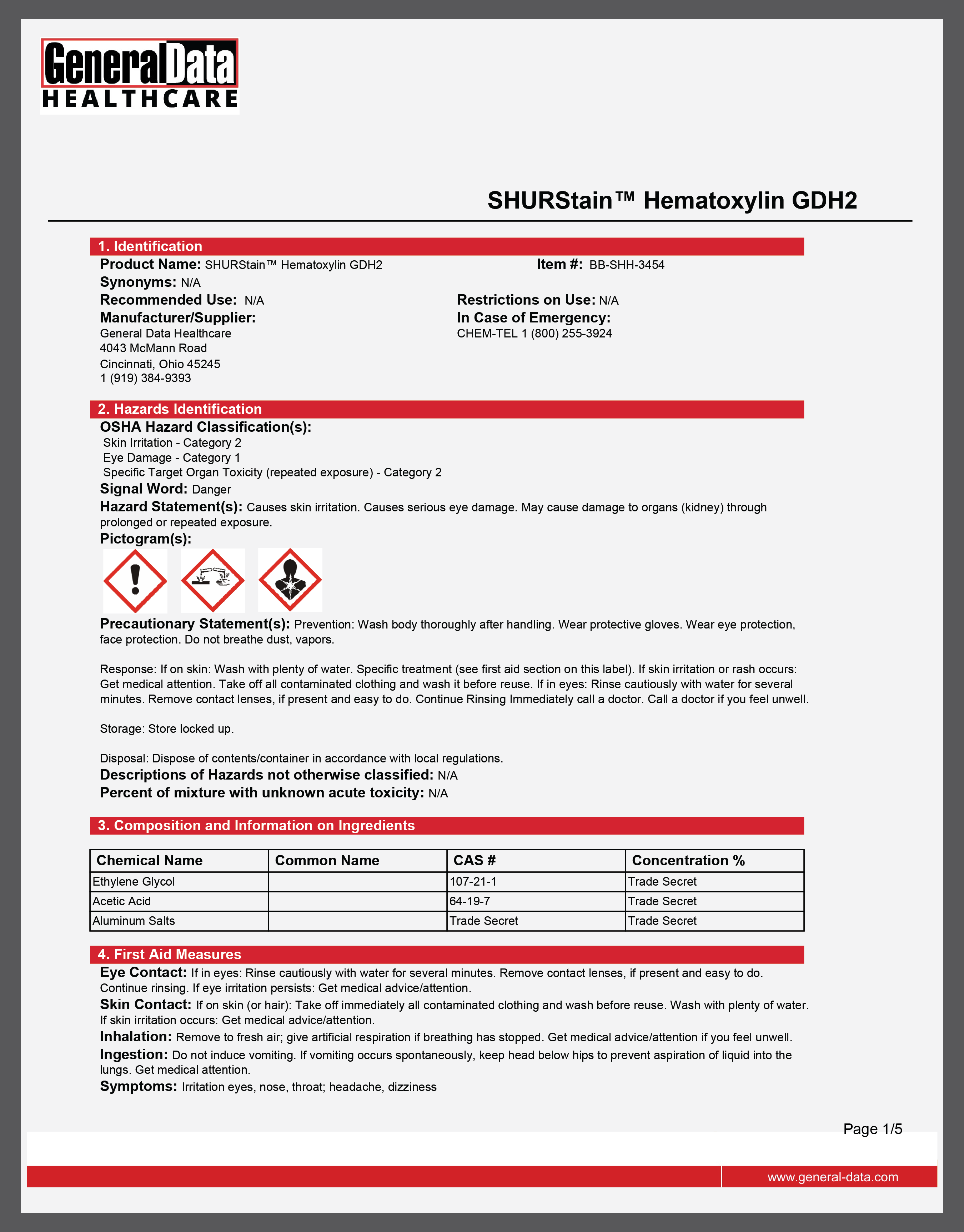 SHURStain Hematoxylin GDH2 Safety Data Sheet | General Data