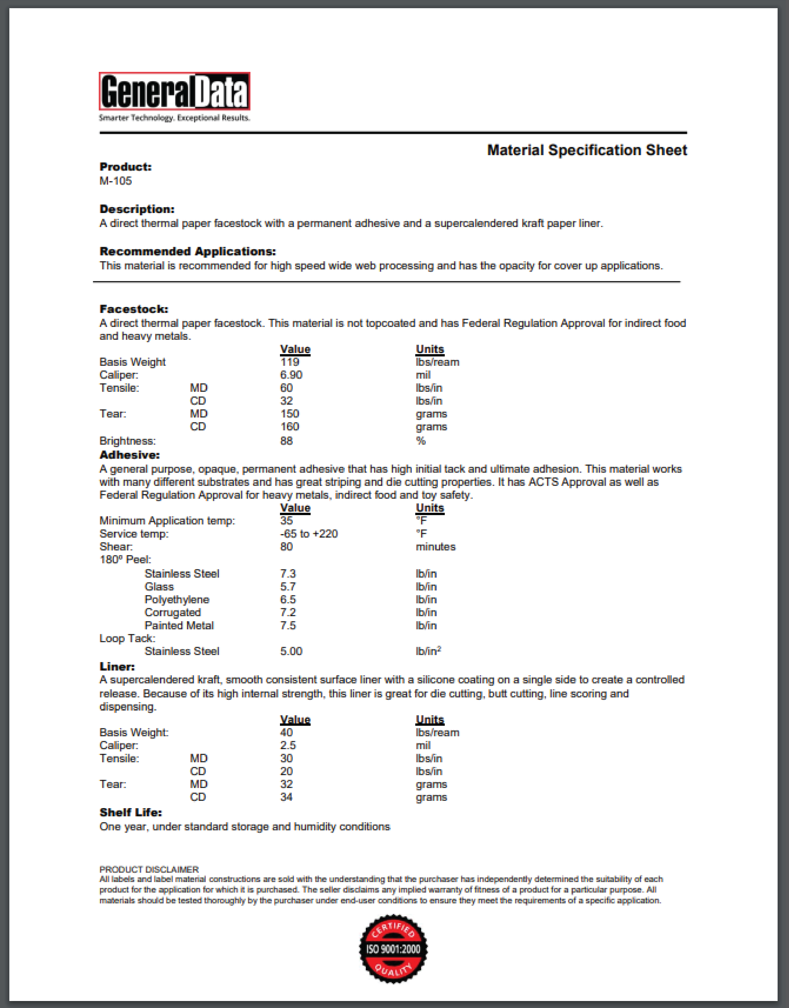 M-105 Material Specification Sheet