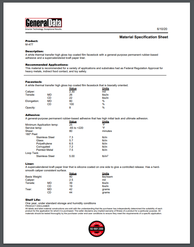 M 477 Specification Sheet General Data