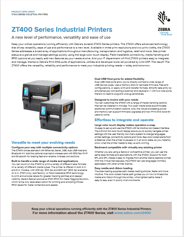 Zebra Zt400 Product Brochure General Data 1756