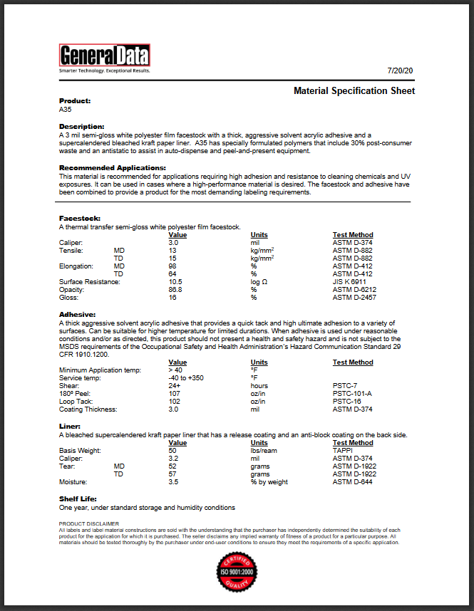 A35 Specification Sheet
