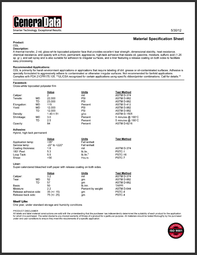 AA-ODL Material Specification Sheet