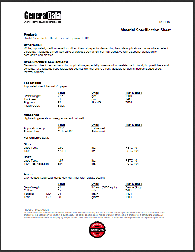 Black Rhino Stock- Direct Thermal Topcoated Material Specification Sheet