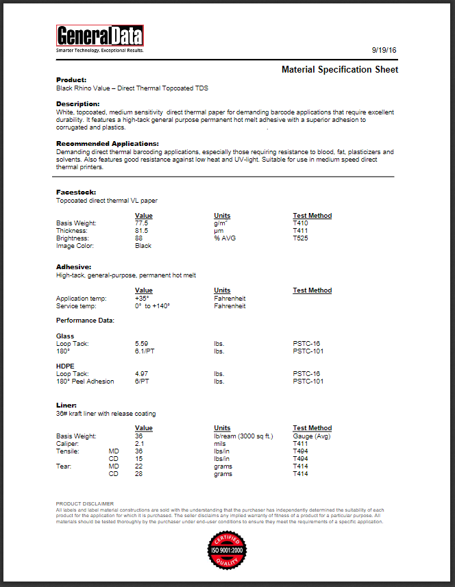 Black Rhino Value- Direct Thermal Topcoated Material Specification Sheet