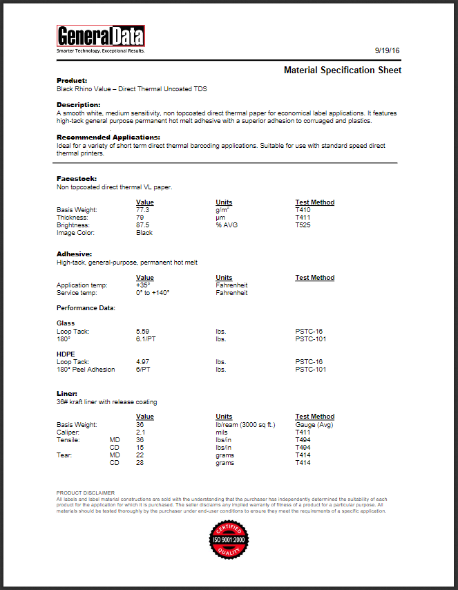 Black Rhino Value- Direct Thermal Uncoated Material Specification Sheet