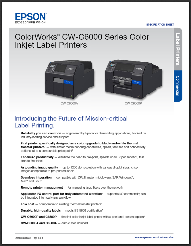 Epson ColorWorks C6000 and C6500 Color Inkjet Label Printer Product Brochure