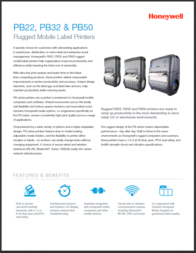 Honeywell PB Series Mobile Label Printer Product Brochure