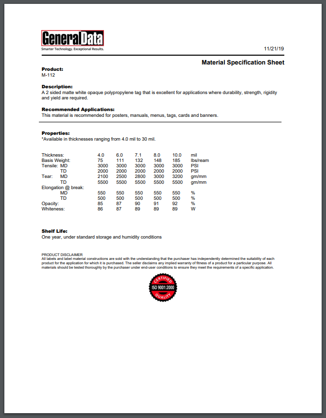 M-112 Material Specification Sheet