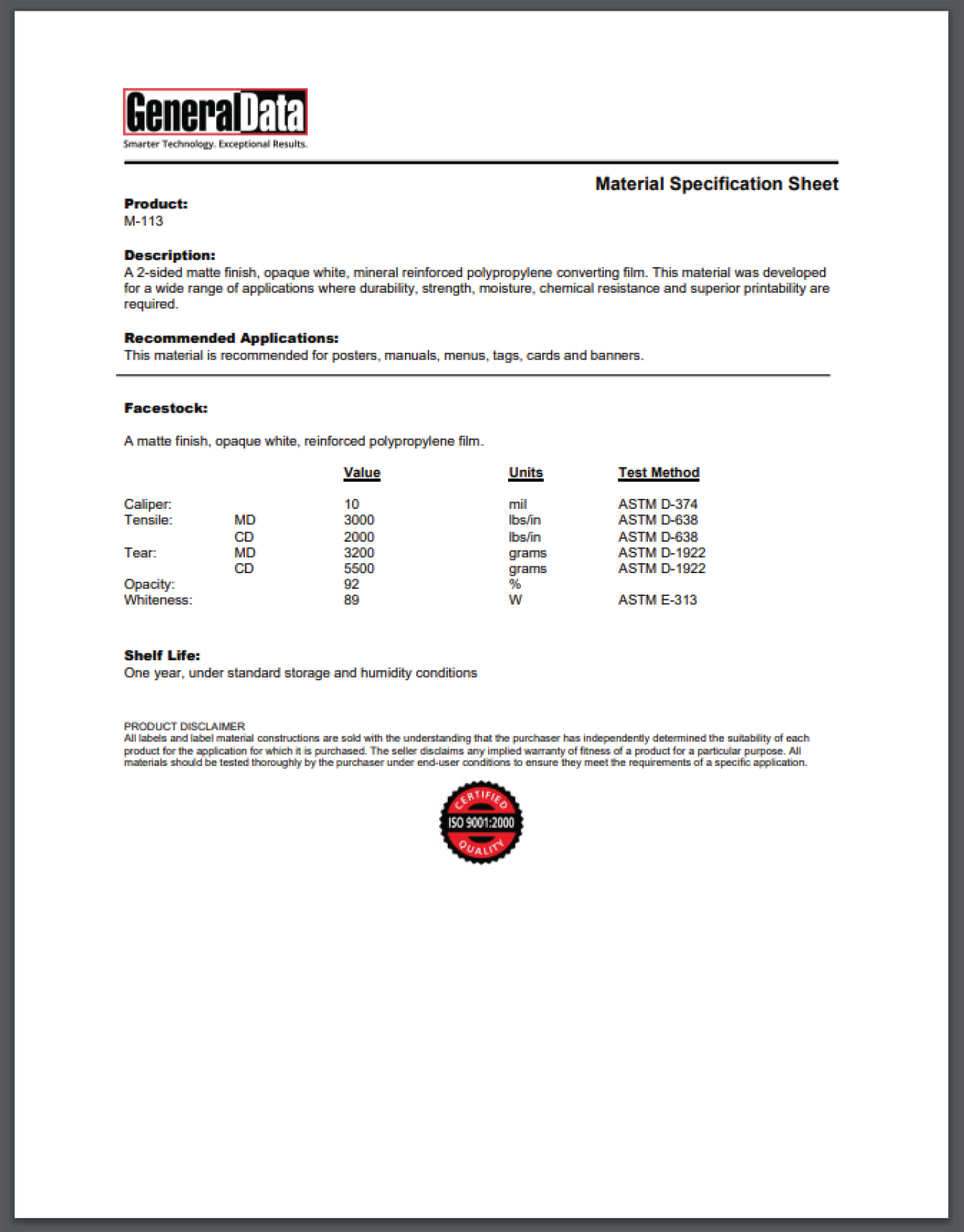 M-113 Material Specification Sheet