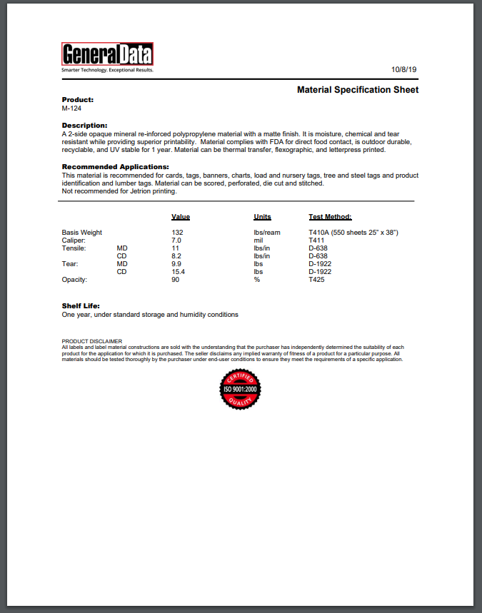 M-124 Material Specification Sheet