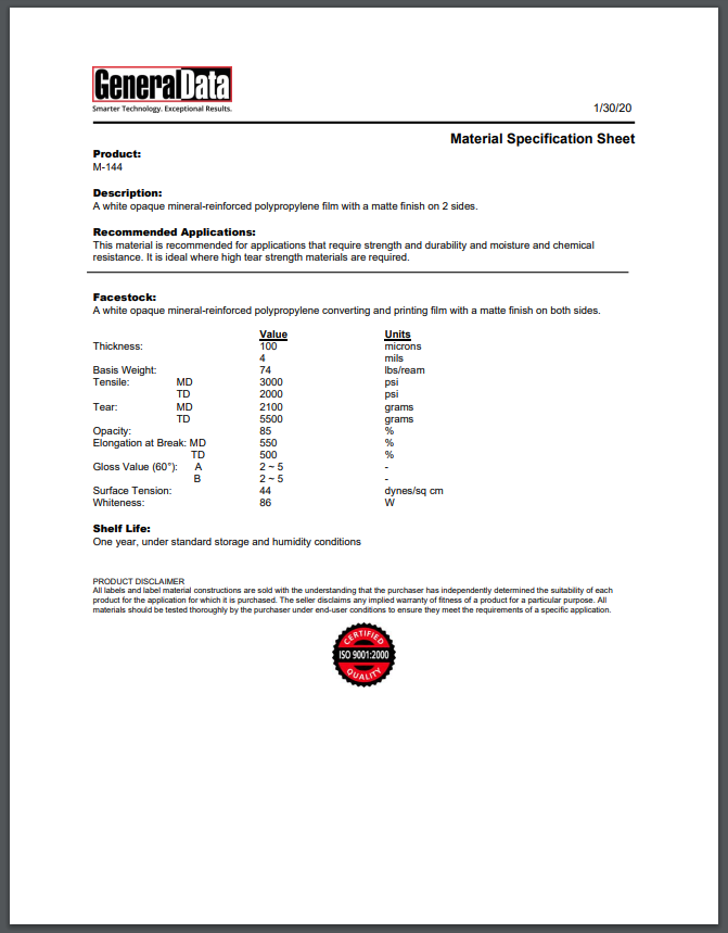 M-144 Material Spec Sheet