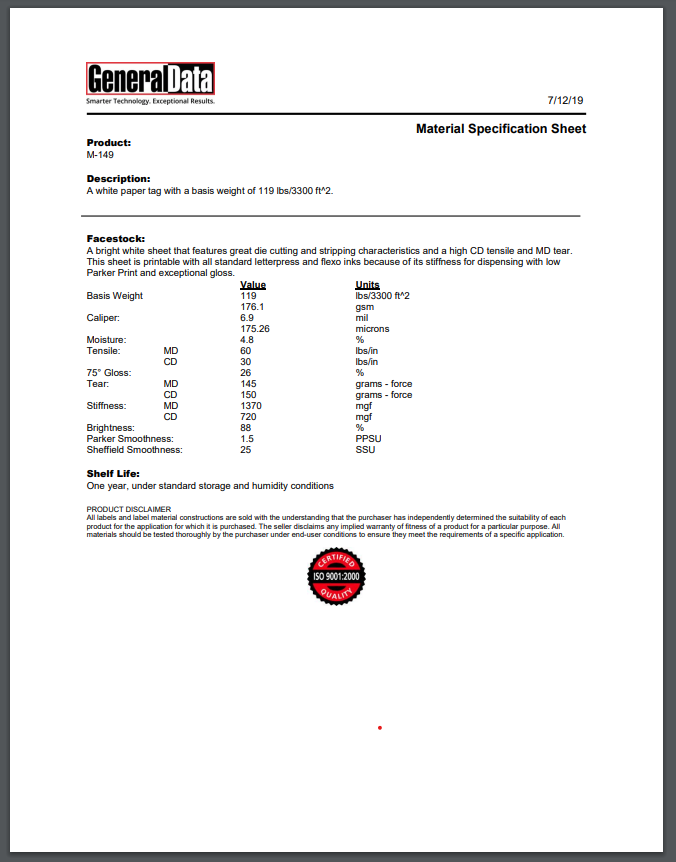 M-149 Material Spec Sheet