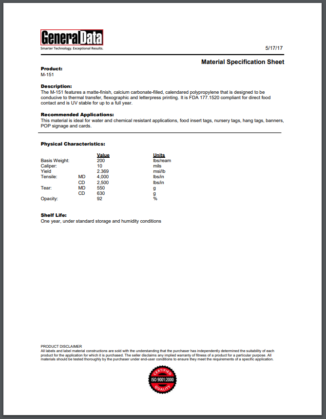 M-151 Material Specification Sheet