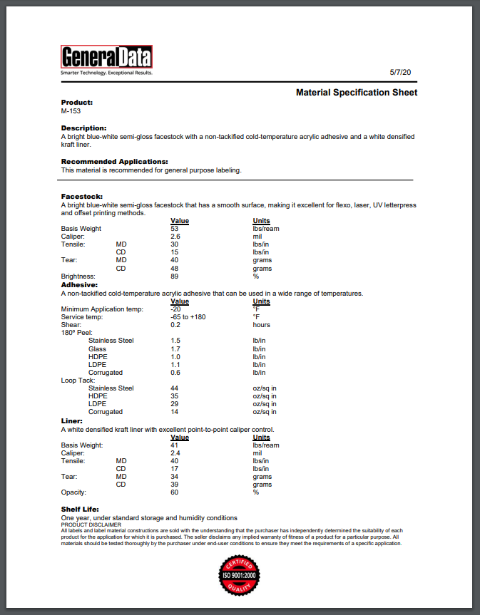 M-153 Material Specification Sheet