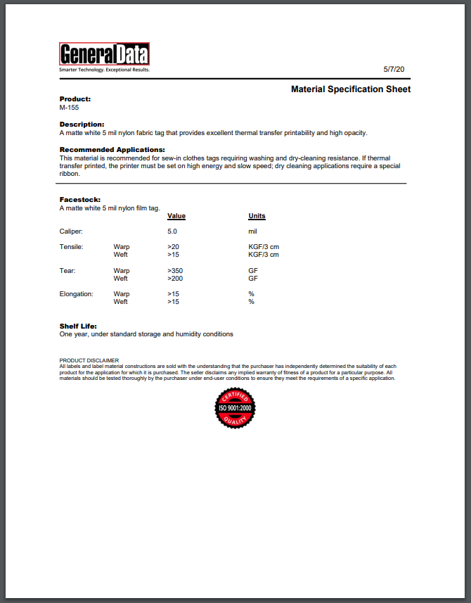 M-155 Material Specification Sheet