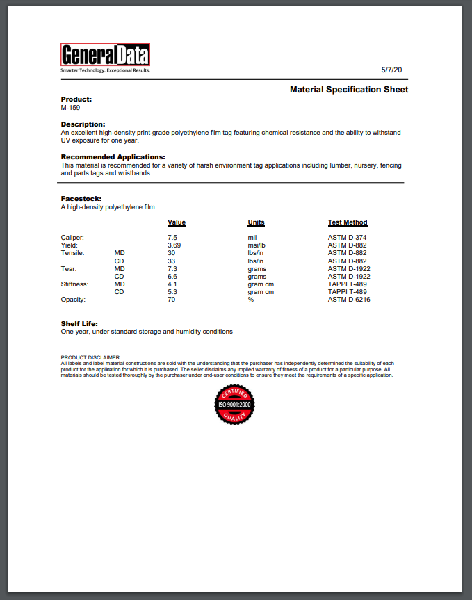M-159 Material Specification Sheet