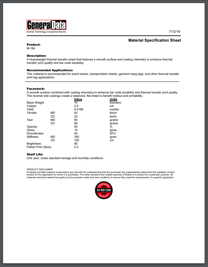 M-184 Material Specification Sheet