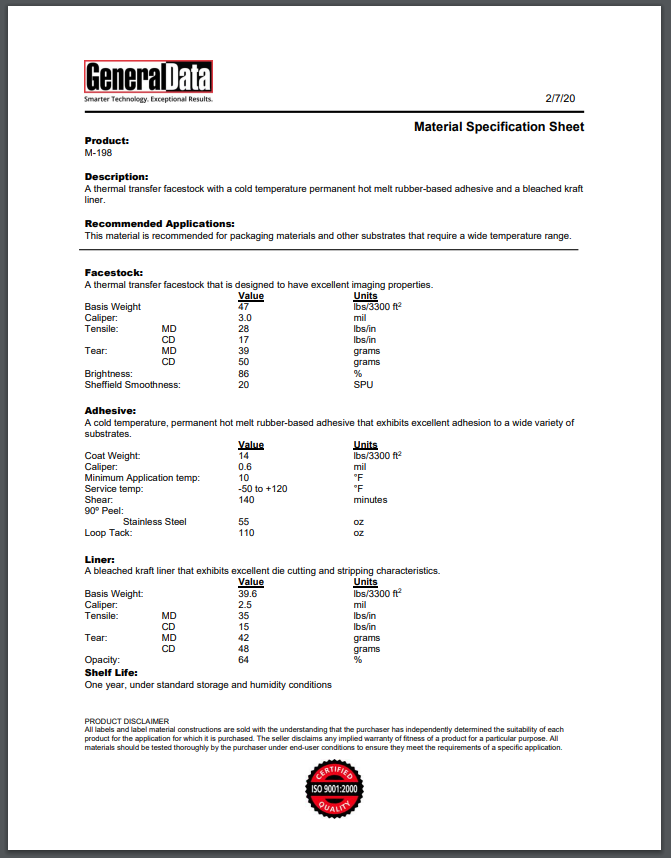 M-198 Material Specification Sheet