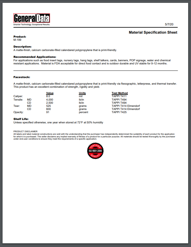 M-199 Material Specification Sheet