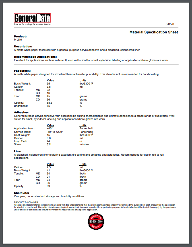M-210 Material Specification Sheet