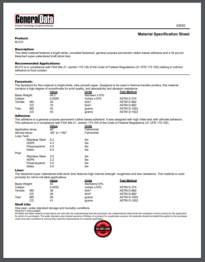 M-212 Material Specification Sheet