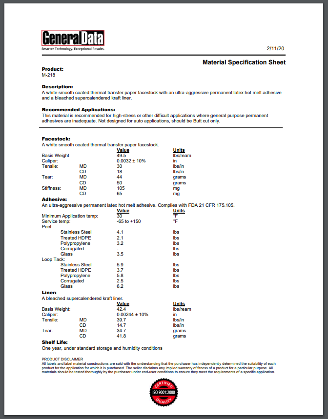 M-218 Material Specification Sheet