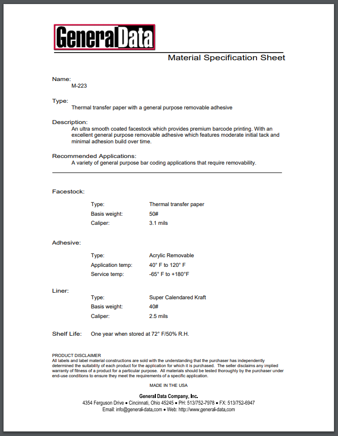 M-223 Material Specification Sheet