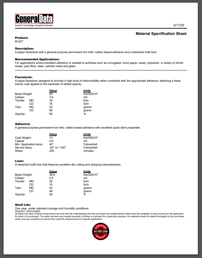 M-227 Material Specification Sheet