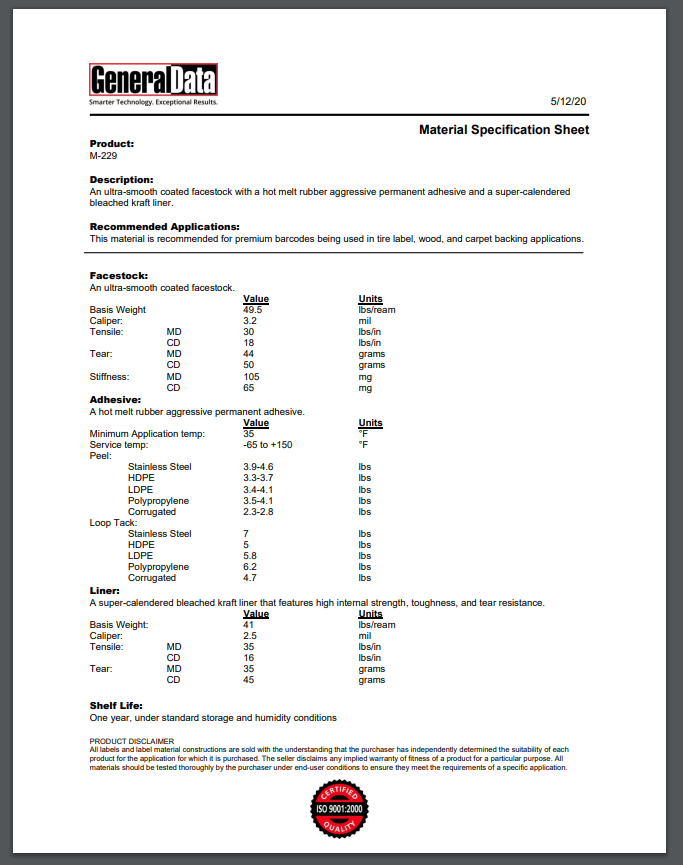 M-229 Material Specification Sheet