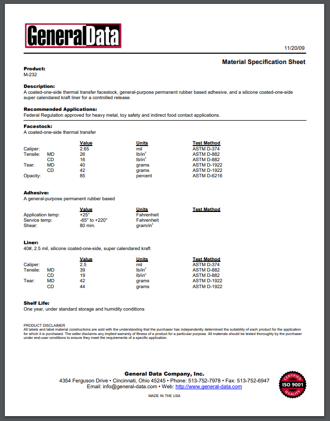 M-232 Material Specification Sheet