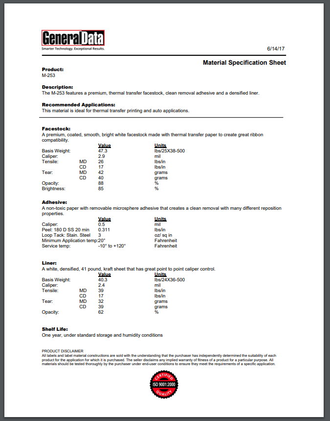 M-253 Material Specification Sheet