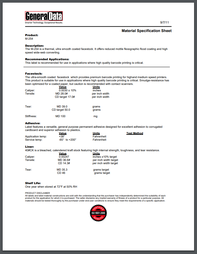 M-254 Material Specification Sheet