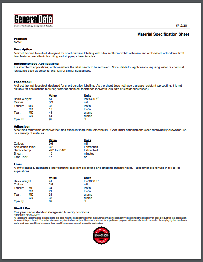 M-276 Material Specification Sheet