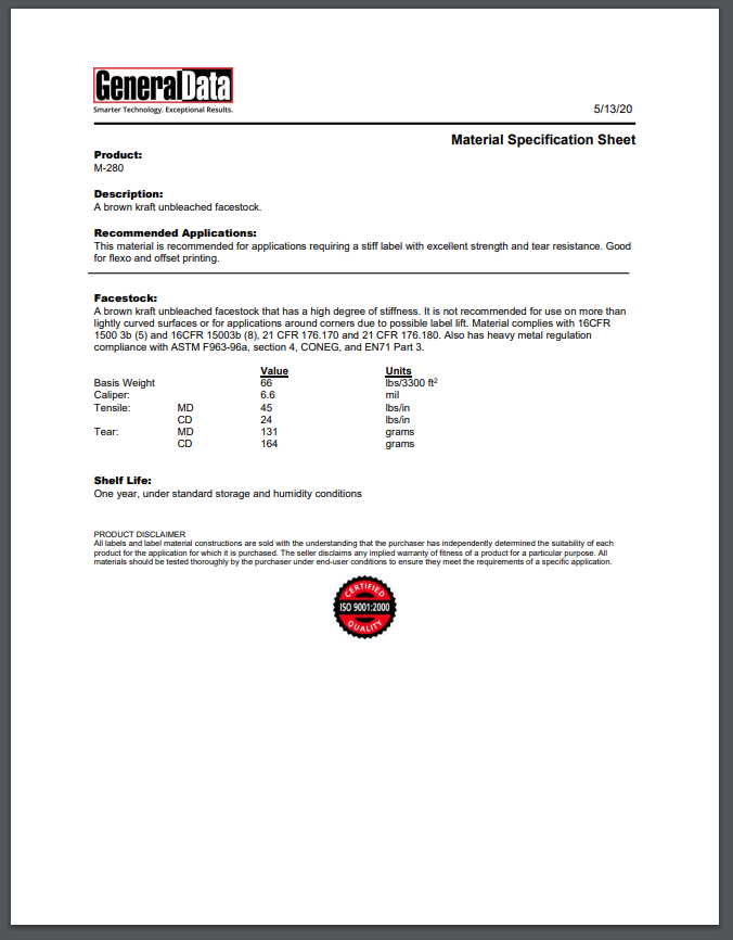 M-280 Material Specification Sheet