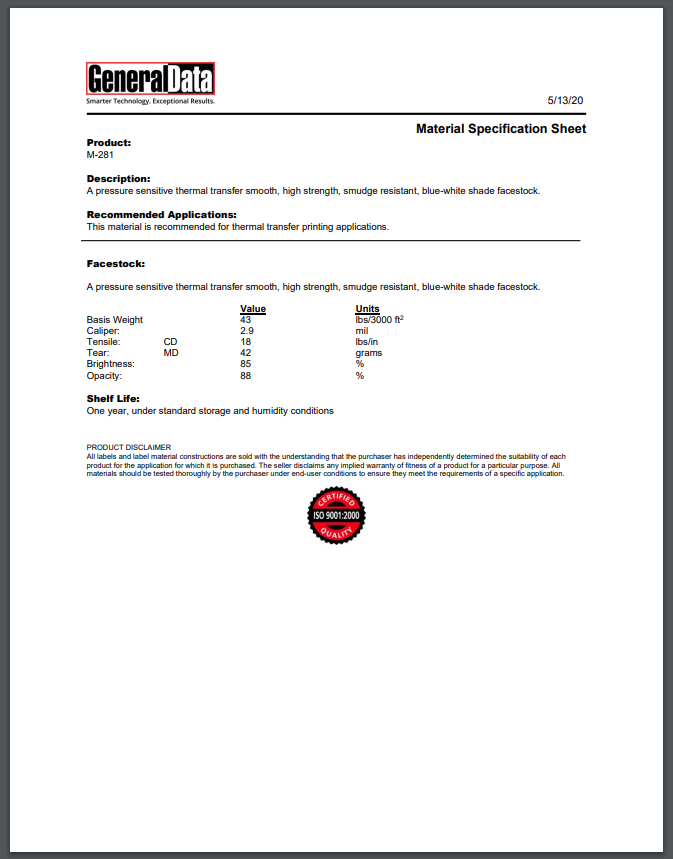 M-281 Material Specification Sheet