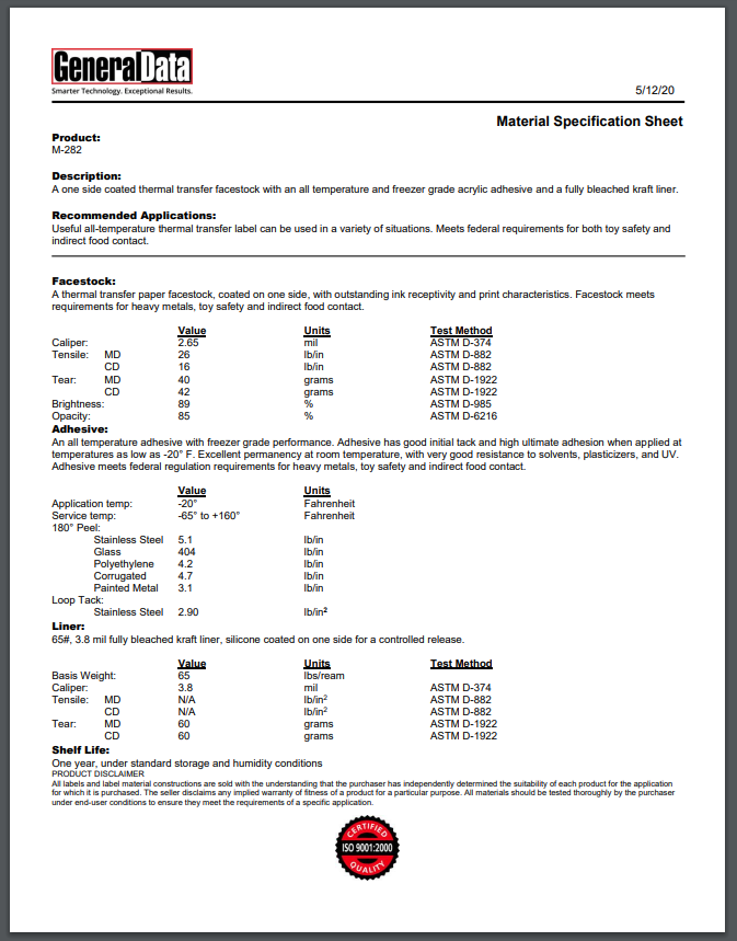 M-282 Material Specification Sheet
