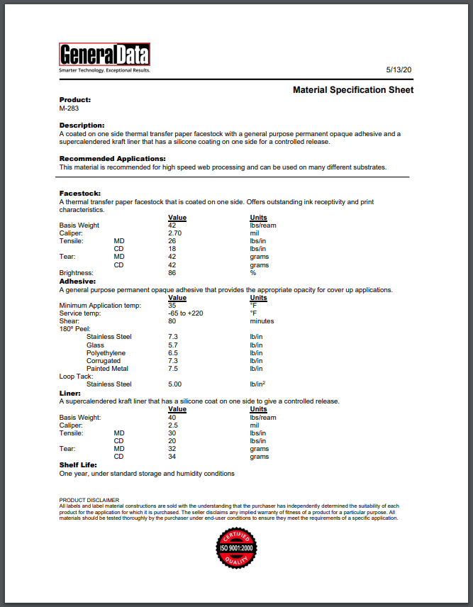 M-283 Material Specification Sheet