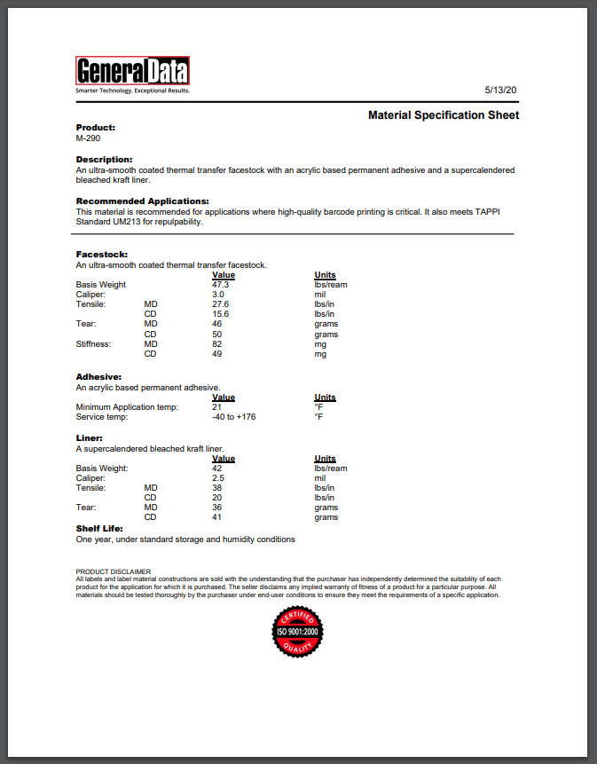 M-290 Material Specification Sheet
