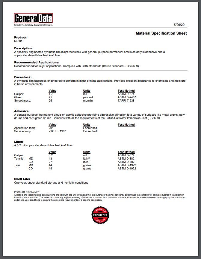 M-301 Material Specification Sheet