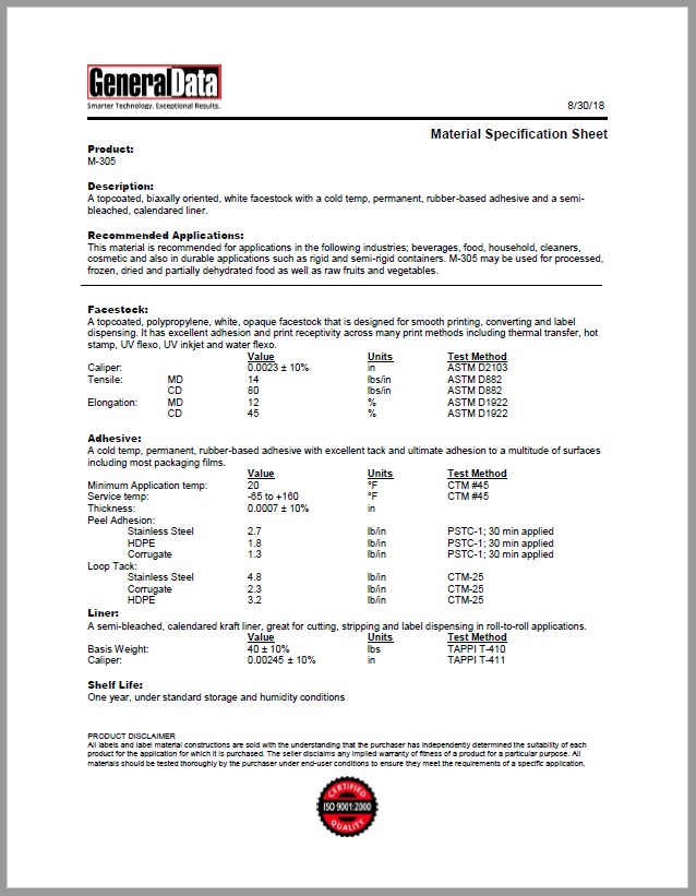 M-305 Material Specification Sheet