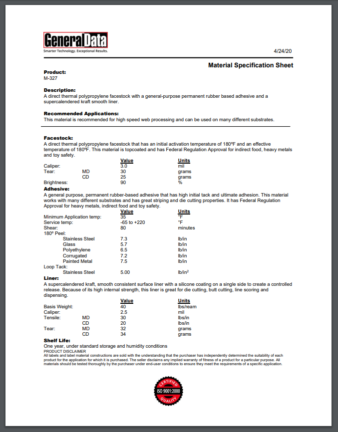 M-327 Material Specification Sheet