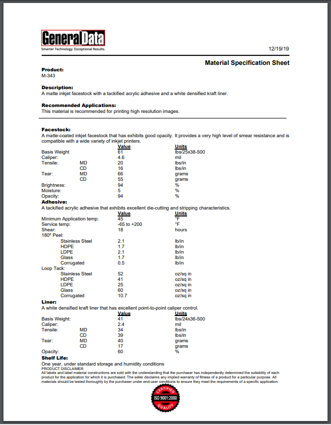 M-343 Material Specification Sheet