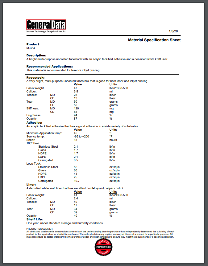 M-354 Material Specification Sheet