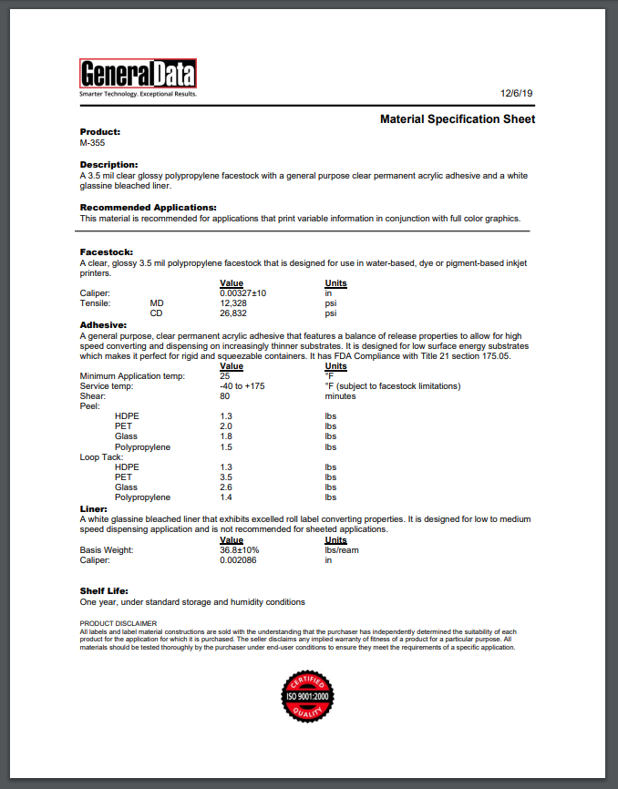 M-355 Material Specification Sheet