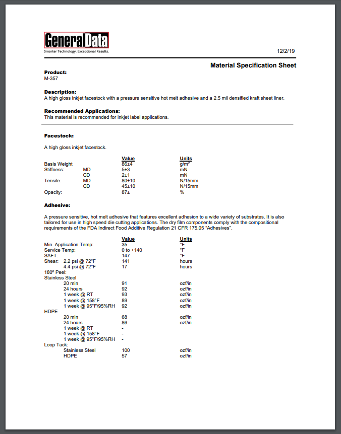 M-357 Material Specification Sheet