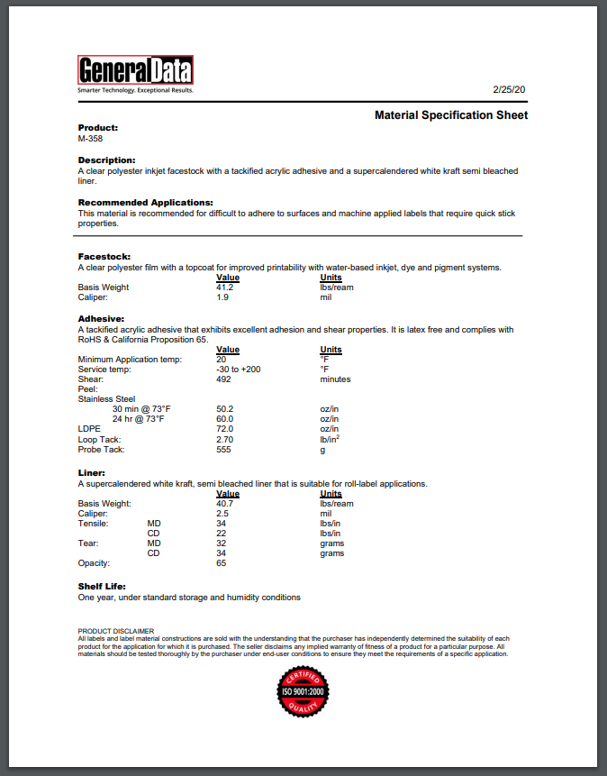 M-358 Material Specification Sheet
