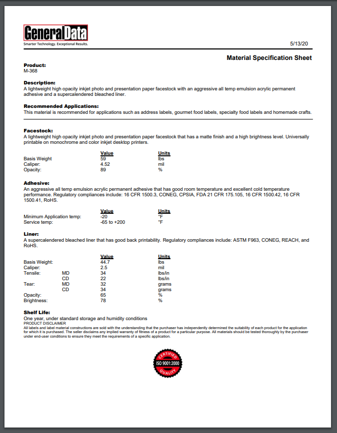 M-368 Material Specification Sheet