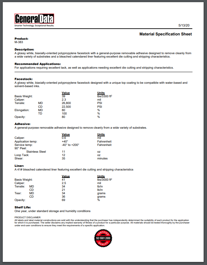 M-383 Material Specification Sheet