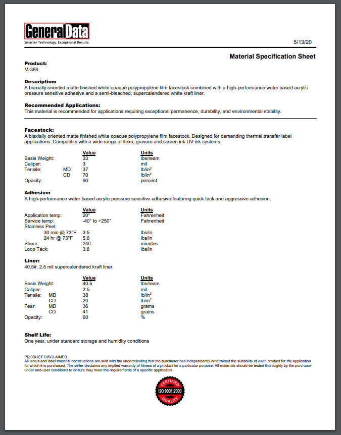 M-386 Material Specification Sheet