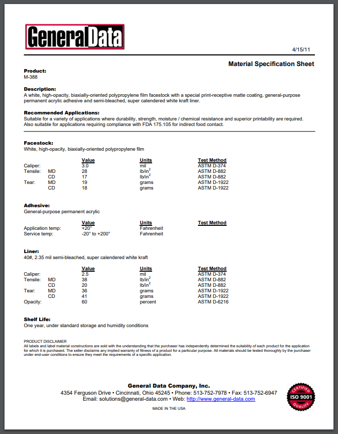 M-388 Material Specification Sheet